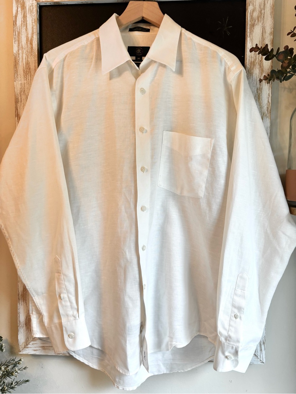 Club Room White Men's Button-Up Linen Cotton Blend Dress Shirt Breathable Medium